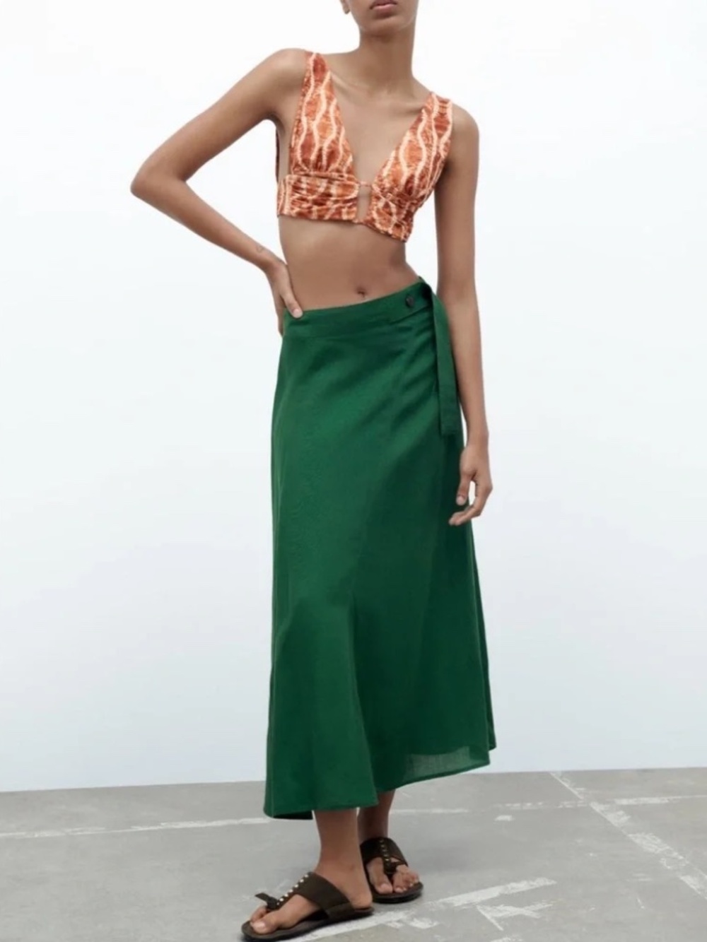 Zara linen blend midi skirt green